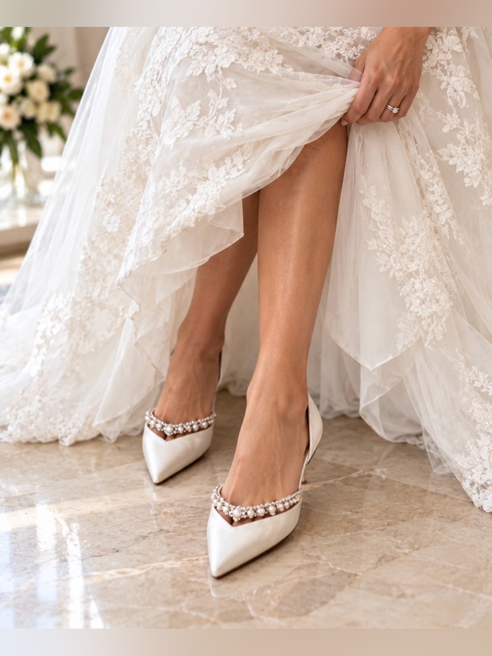 Badgley Mischka Ivory Pearl-Embellished Pointed Flats
